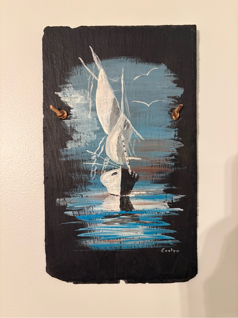 Original Fishing Boat Painting on Natural Slate Shingle Folk Art Signed 12 Inch